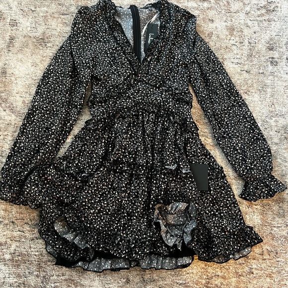 Lulu’s Admire You Floral Black Print Ruffled Long Sleeve Mini Dress Size XS BNWT - Picture 2 of 4